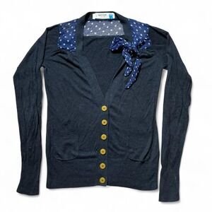 Sparrow Navy Blue Silk Polka Dot Bow Collar Cardigan Sweater Women's Preppy